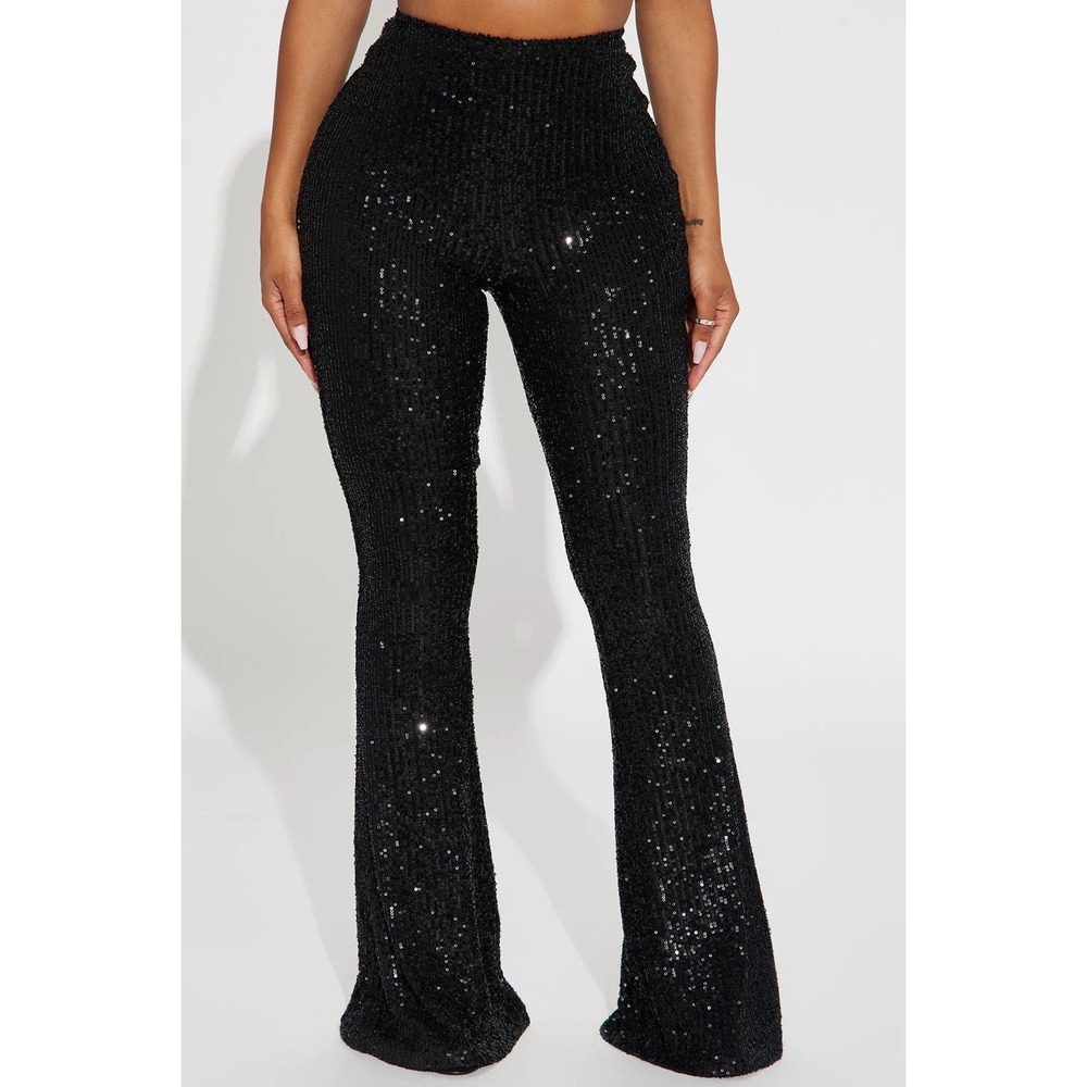 NWT Fashion Nova Something Extra Sequin Flare‎ Pant Black Glam Sparkly Size S